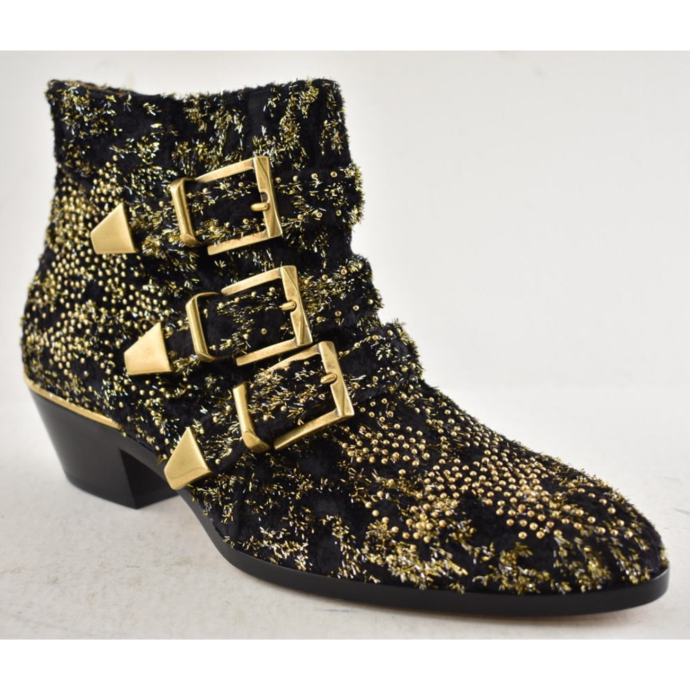 Chloe Suzanna Black Gold Velvet Coupe Studded Short Zipper Ankle Heel Bootie 37 - Picture 4 of 15